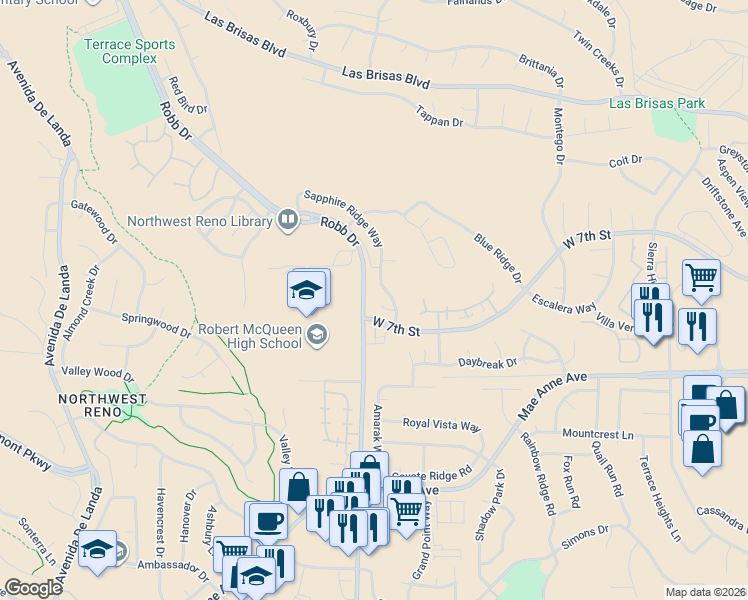 map of restaurants, bars, coffee shops, grocery stores, and more near 5950 Sapphire Ridge Court in Reno