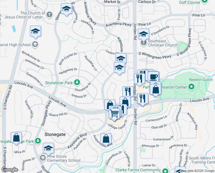 map of restaurants, bars, coffee shops, grocery stores, and more near 10064 Boca Circle in Parker