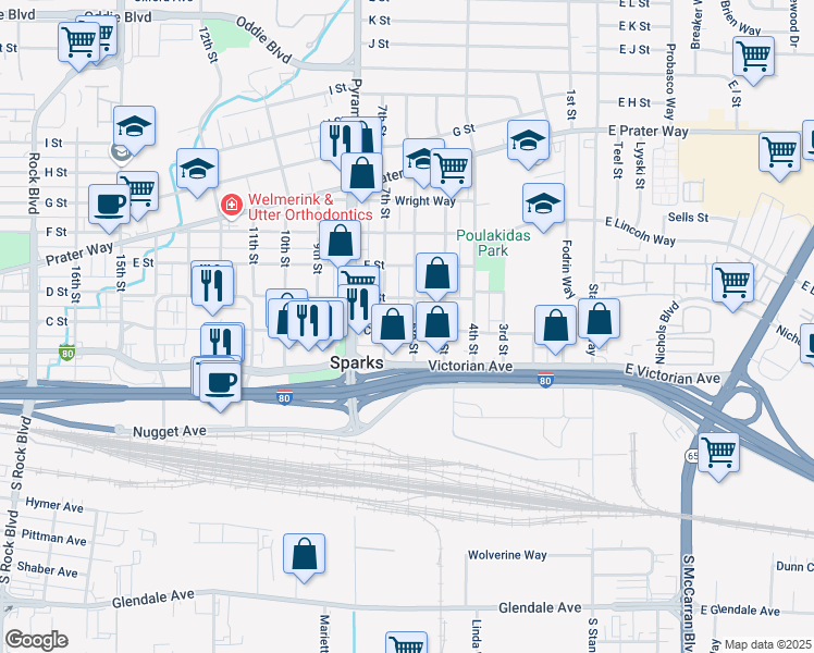map of restaurants, bars, coffee shops, grocery stores, and more near 235 6th Street in Sparks