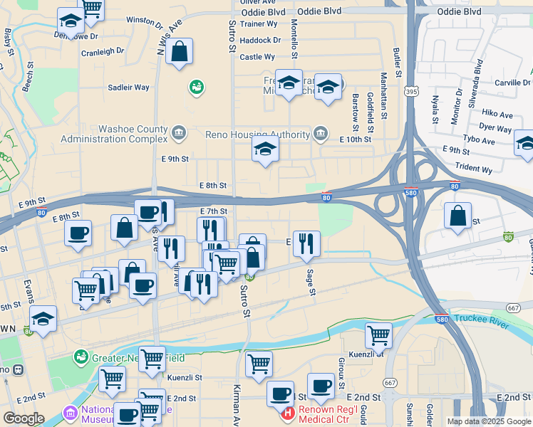 map of restaurants, bars, coffee shops, grocery stores, and more near 1265 East 7th Street in Reno