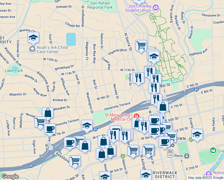 map of restaurants, bars, coffee shops, grocery stores, and more near 915 Ralston Street in Reno
