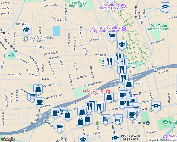 map of restaurants, bars, coffee shops, grocery stores, and more near 915 Ralston Street in Reno