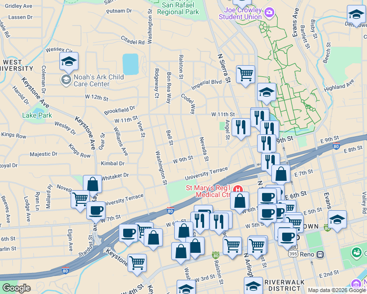 map of restaurants, bars, coffee shops, grocery stores, and more near 915 Ralston Street in Reno