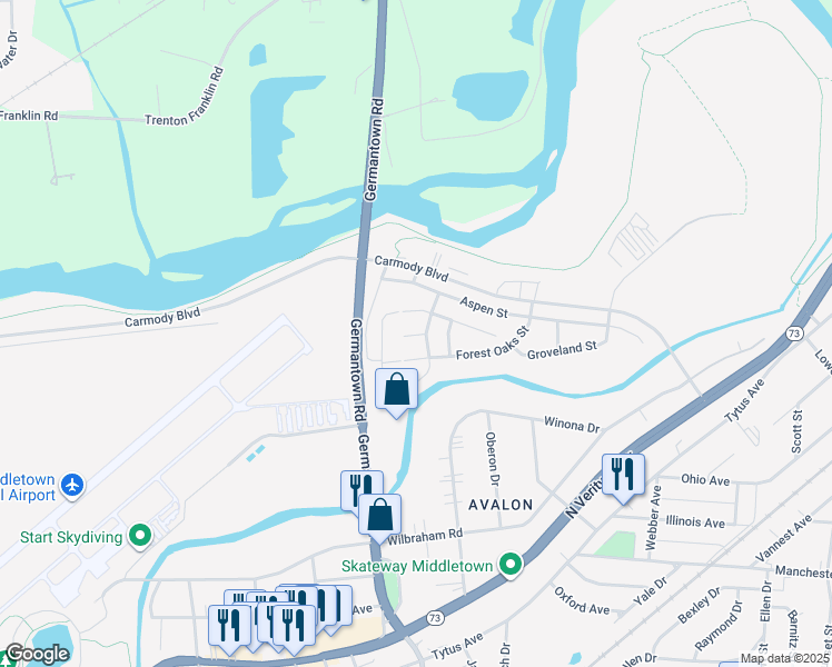 map of restaurants, bars, coffee shops, grocery stores, and more near 2402 Evergreen Street in Middletown