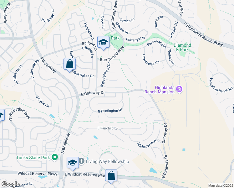 map of restaurants, bars, coffee shops, grocery stores, and more near 627 Huntington Drive in Highlands Ranch
