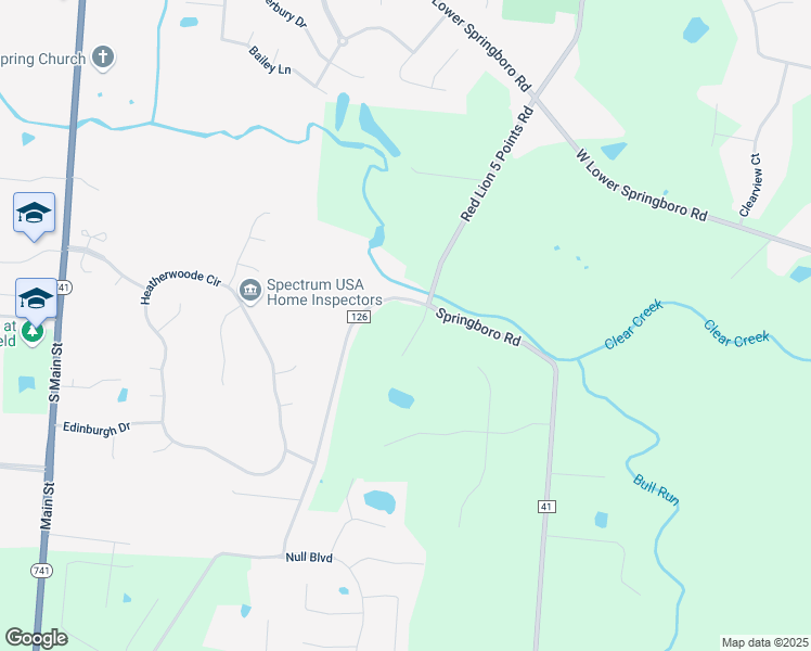 map of restaurants, bars, coffee shops, grocery stores, and more near 6480 Red Lion 5 Points Road in Springboro