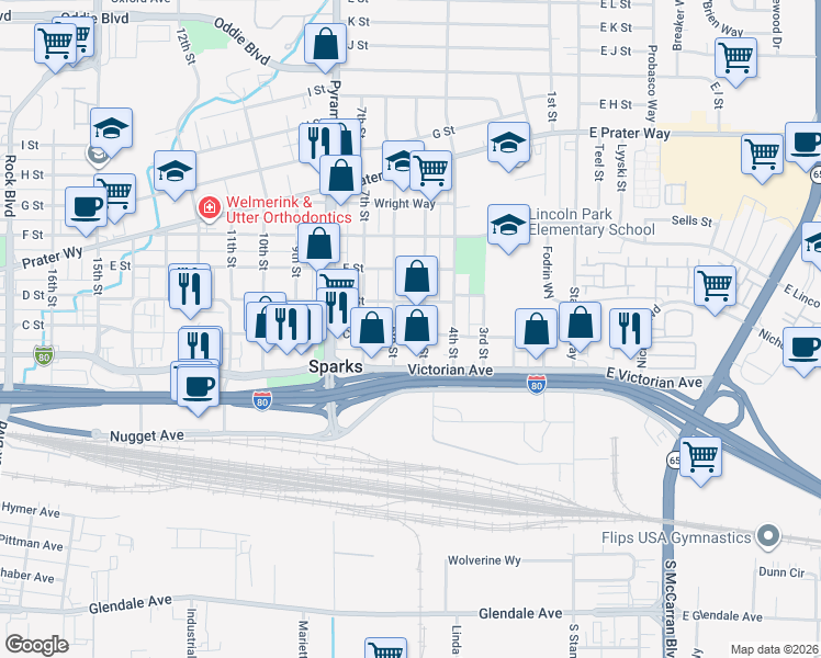 map of restaurants, bars, coffee shops, grocery stores, and more near 512 C Street in Sparks