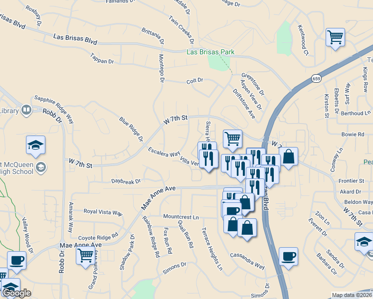 map of restaurants, bars, coffee shops, grocery stores, and more near 2175 Sierra Highlands Drive in Reno