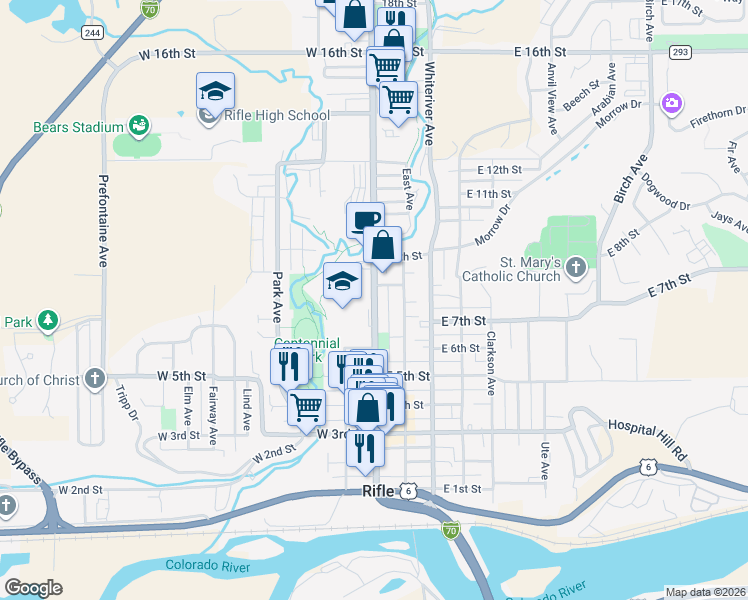 map of restaurants, bars, coffee shops, grocery stores, and more near 753 Railroad Avenue in Rifle