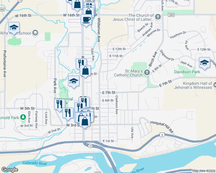 map of restaurants, bars, coffee shops, grocery stores, and more near Munro Avenue in Rifle