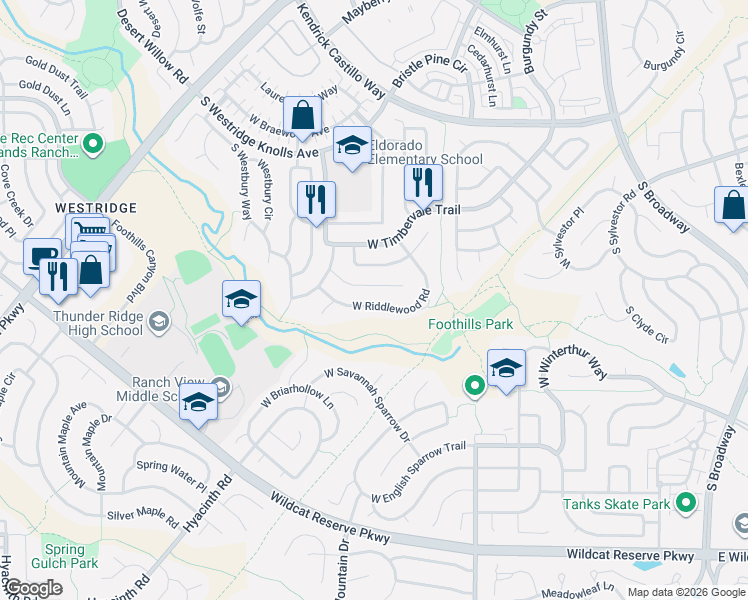 map of restaurants, bars, coffee shops, grocery stores, and more near 1161 West Riddlewood Road in Highlands Ranch