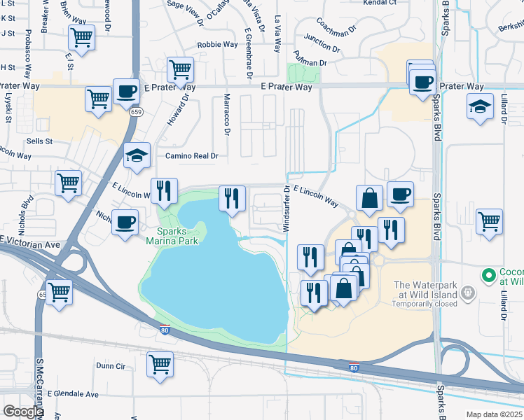 map of restaurants, bars, coffee shops, grocery stores, and more near 350 Harbour Cove Drive in Sparks