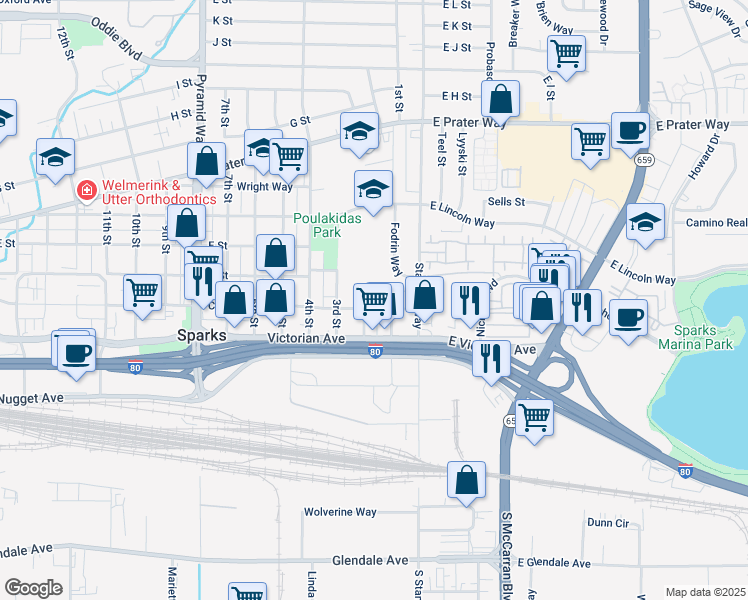 map of restaurants, bars, coffee shops, grocery stores, and more near 160 C Street in Sparks