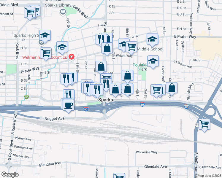 map of restaurants, bars, coffee shops, grocery stores, and more near 700 C Street in Sparks