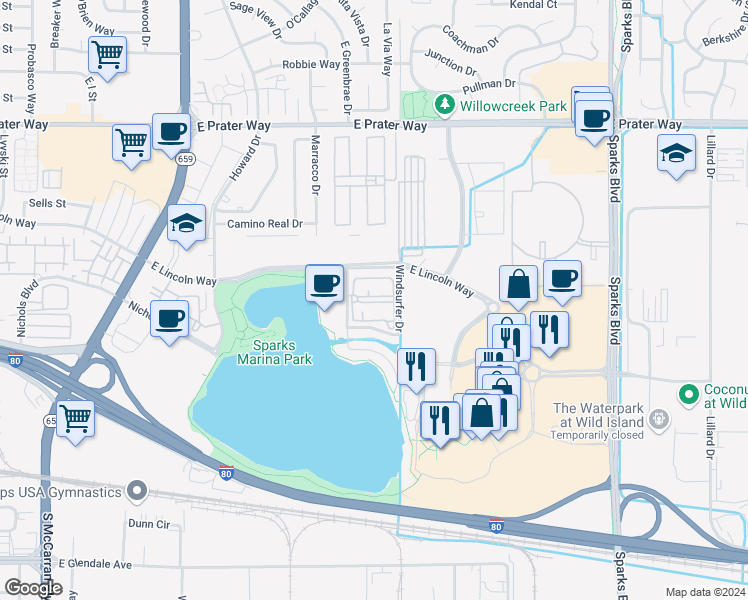 map of restaurants, bars, coffee shops, grocery stores, and more near 350 Harbour Cove Drive in Sparks
