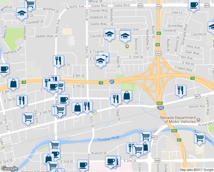 map of restaurants, bars, coffee shops, grocery stores, and more near 1265 East 7th Street in Reno
