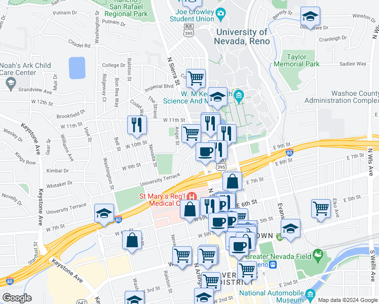 map of restaurants, bars, coffee shops, grocery stores, and more near 792 West Street in Reno