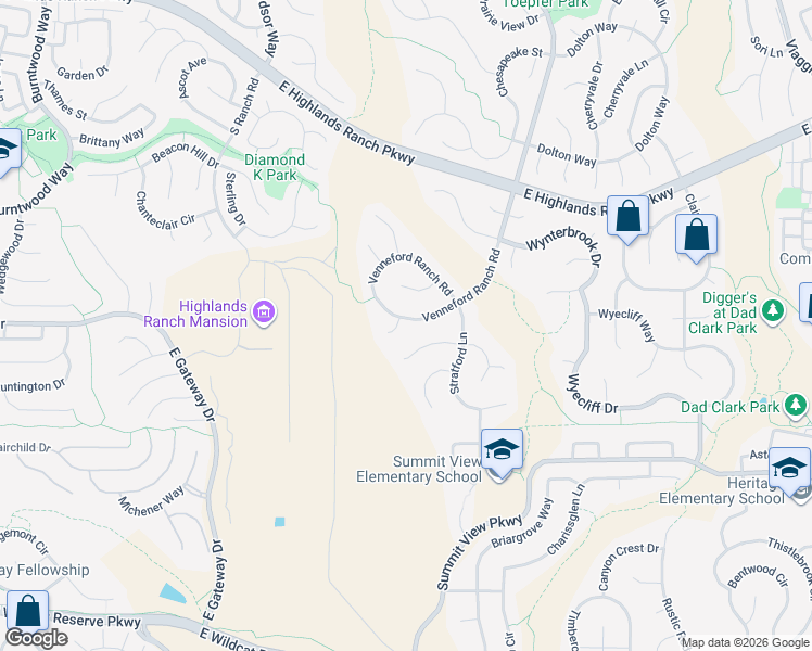 map of restaurants, bars, coffee shops, grocery stores, and more near 2043 Stratford Court in Littleton