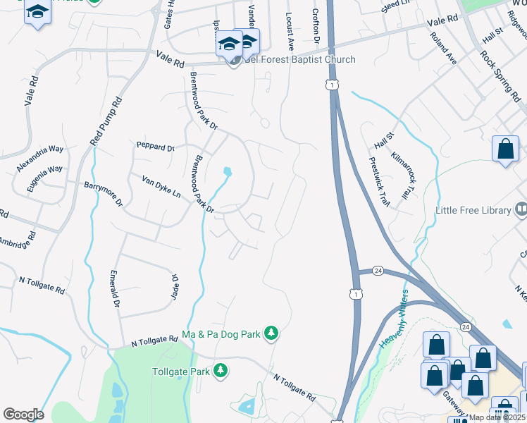 map of restaurants, bars, coffee shops, grocery stores, and more near 932 Gainsborough Court in Bel Air