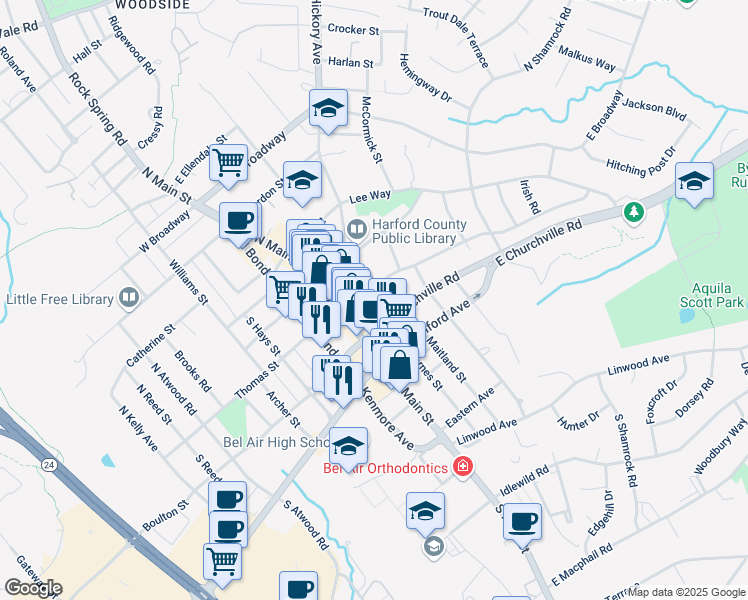 map of restaurants, bars, coffee shops, grocery stores, and more near 102 South Hickory Avenue in Bel Air