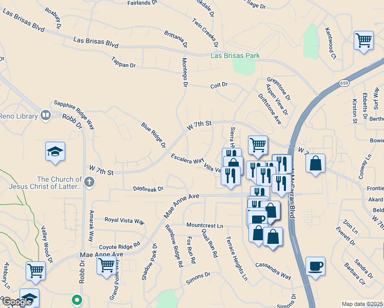 map of restaurants, bars, coffee shops, grocery stores, and more near 5250 Villa Verde Drive in Reno