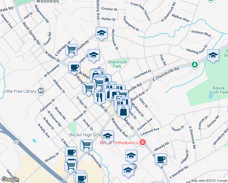 map of restaurants, bars, coffee shops, grocery stores, and more near 102 South Hickory Avenue in Bel Air