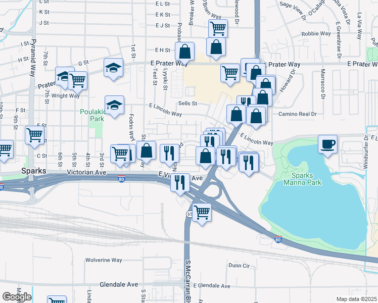 map of restaurants, bars, coffee shops, grocery stores, and more near 205 Nichols Boulevard in Sparks