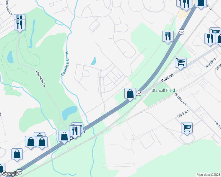 map of restaurants, bars, coffee shops, grocery stores, and more near 1695 Mohegan Drive in Havre de Grace