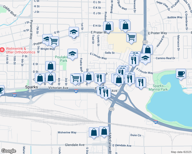 map of restaurants, bars, coffee shops, grocery stores, and more near 60 East Victorian Avenue in Sparks
