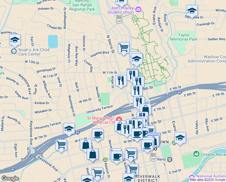 map of restaurants, bars, coffee shops, grocery stores, and more near 223 University Terrace in Reno