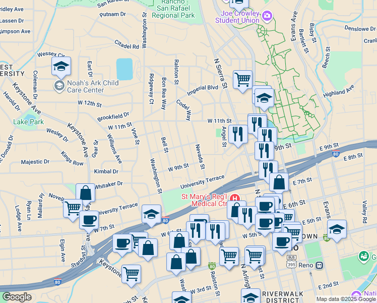 map of restaurants, bars, coffee shops, grocery stores, and more near 915 Ralston Street in Reno