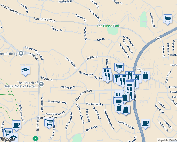 map of restaurants, bars, coffee shops, grocery stores, and more near 5250 Villa Verde Drive in Reno