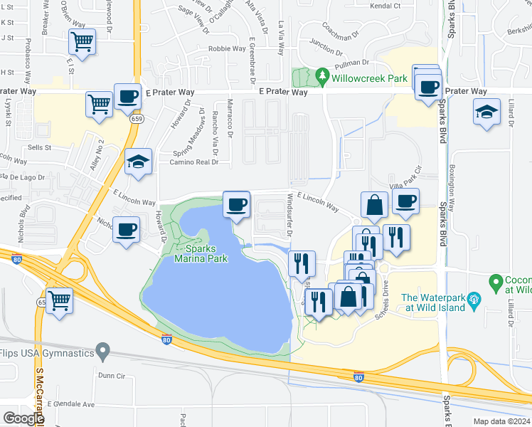 map of restaurants, bars, coffee shops, grocery stores, and more near 350 Harbour Cove Drive in Sparks
