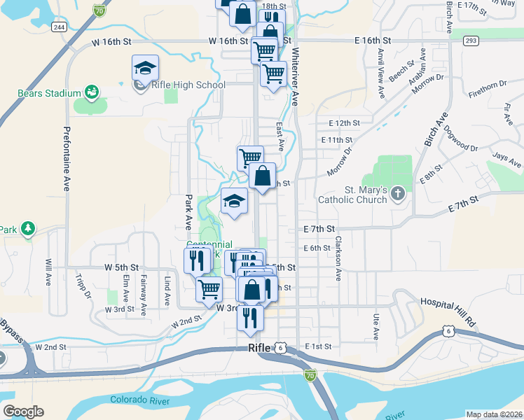 map of restaurants, bars, coffee shops, grocery stores, and more near 703 East Avenue in Rifle
