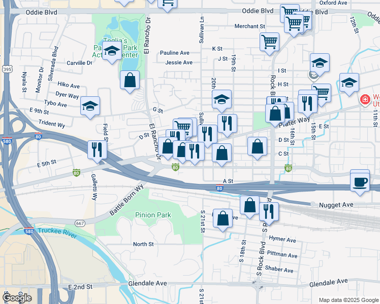 map of restaurants, bars, coffee shops, grocery stores, and more near 2153 Prater Way in Sparks