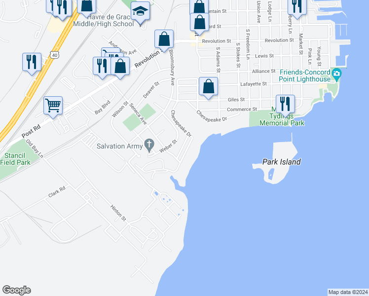 map of restaurants, bars, coffee shops, grocery stores, and more near 977 Chesapeake Drive in Havre de Grace