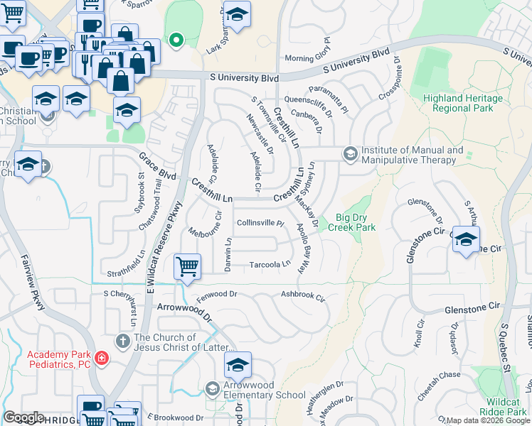 map of restaurants, bars, coffee shops, grocery stores, and more near 9838 South Townsville Circle in Littleton