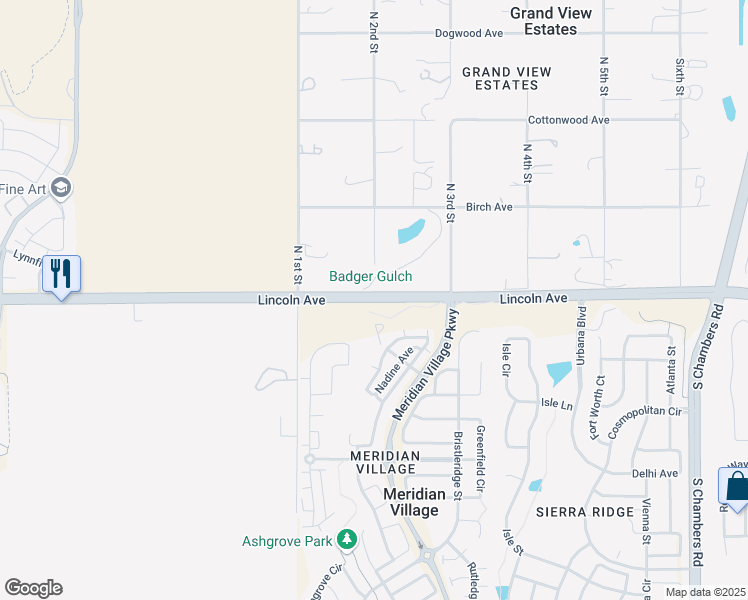 map of restaurants, bars, coffee shops, grocery stores, and more near 12063 North 2nd Street in Parker