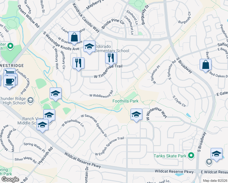 map of restaurants, bars, coffee shops, grocery stores, and more near 9869 Burberry Way in Littleton