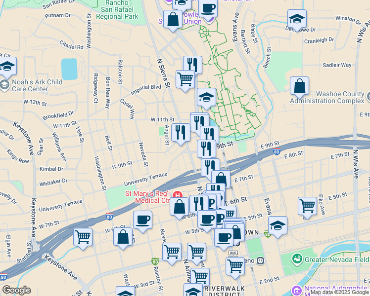 map of restaurants, bars, coffee shops, grocery stores, and more near 1015 North Sierra Street in Reno