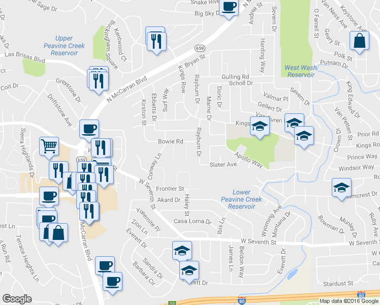 map of restaurants, bars, coffee shops, grocery stores, and more near 1285 Freddie Court in Reno