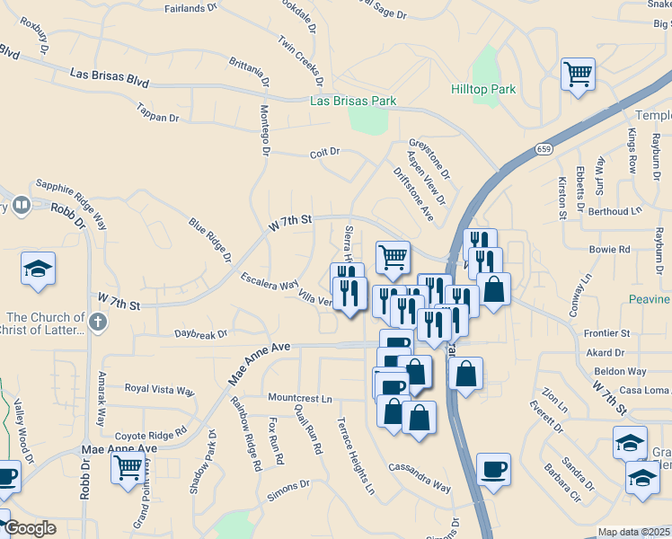 map of restaurants, bars, coffee shops, grocery stores, and more near 2150 Santona Circle in Reno