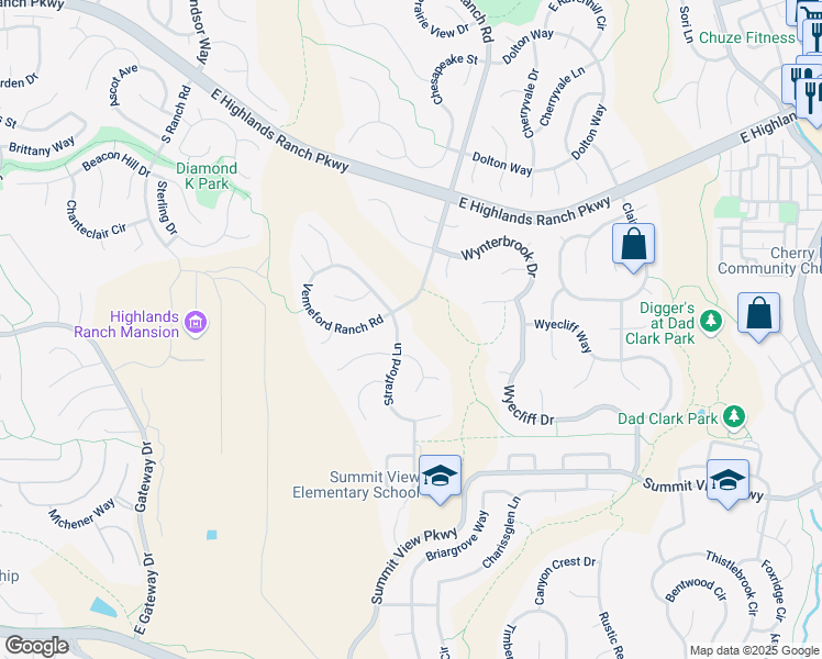 map of restaurants, bars, coffee shops, grocery stores, and more near 9912 Stratford Lane in Littleton