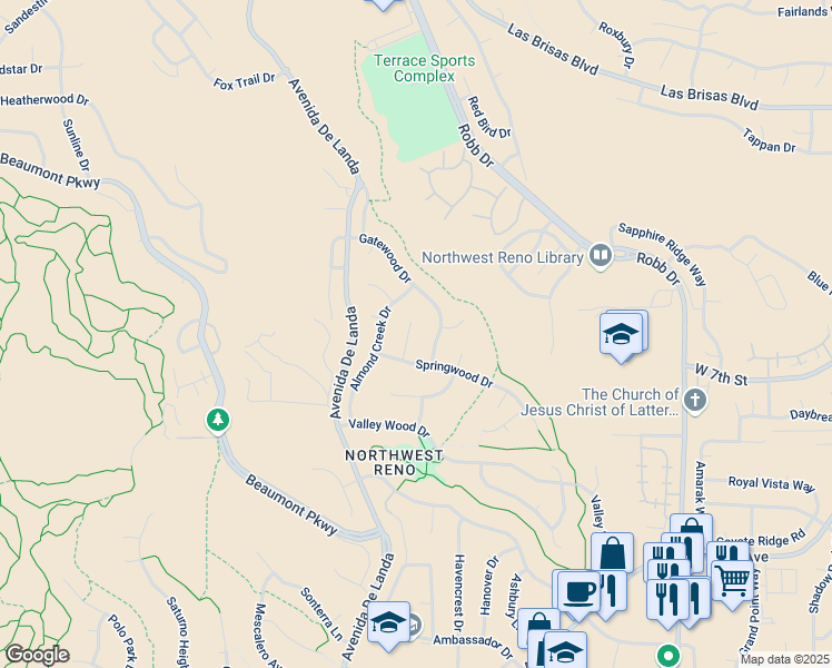 map of restaurants, bars, coffee shops, grocery stores, and more near 2295 Gatewood Drive in Reno