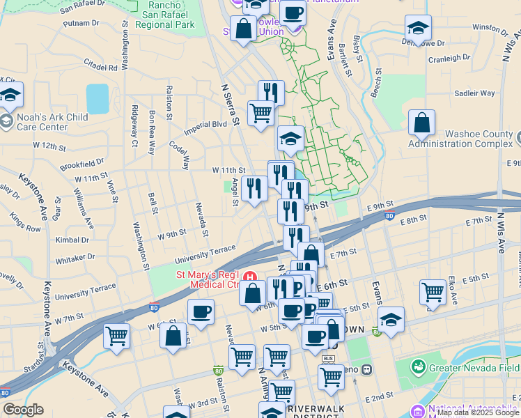 map of restaurants, bars, coffee shops, grocery stores, and more near 1015 North Sierra Street in Reno