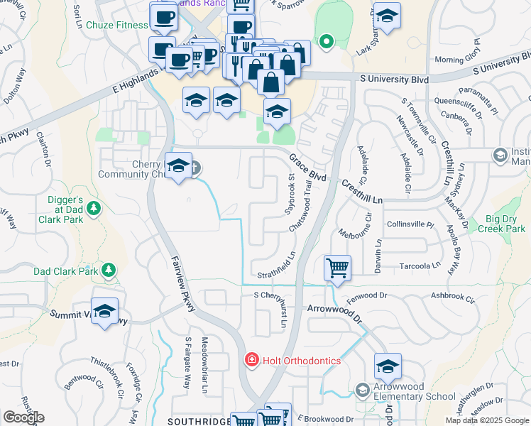 map of restaurants, bars, coffee shops, grocery stores, and more near 9895 Aftonwood Street in Highlands Ranch