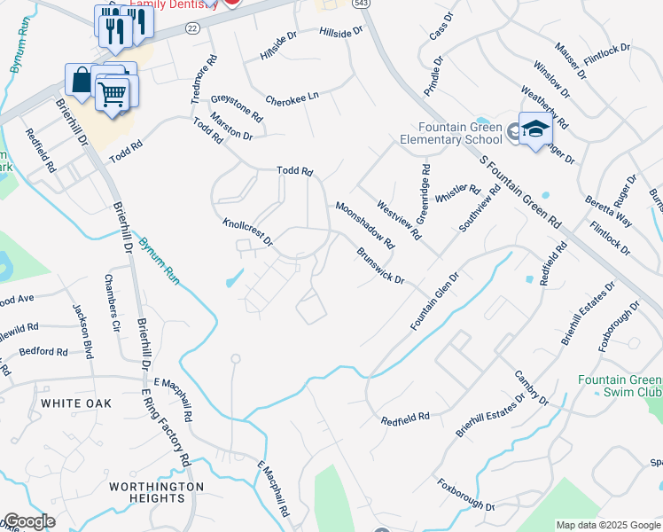 map of restaurants, bars, coffee shops, grocery stores, and more near 1313 Kelsey Court in Bel Air