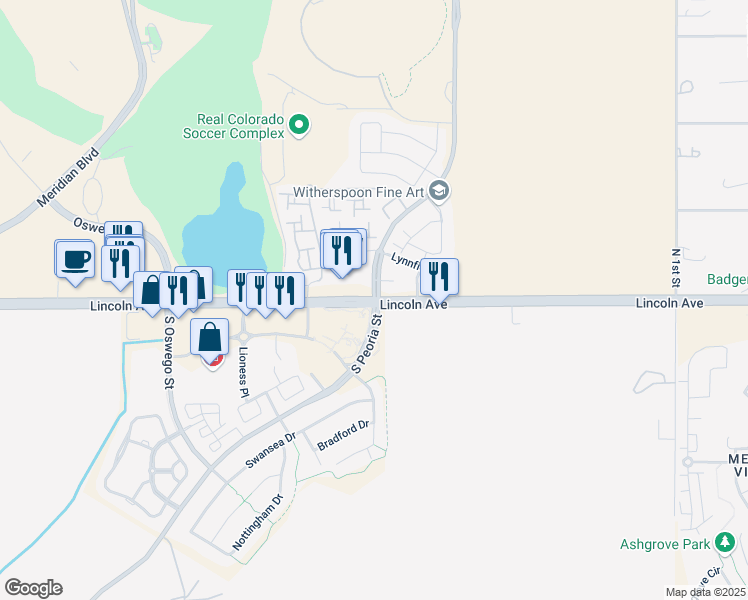 map of restaurants, bars, coffee shops, grocery stores, and more near E Lincoln Ave & S Peoria St in Lone Tree