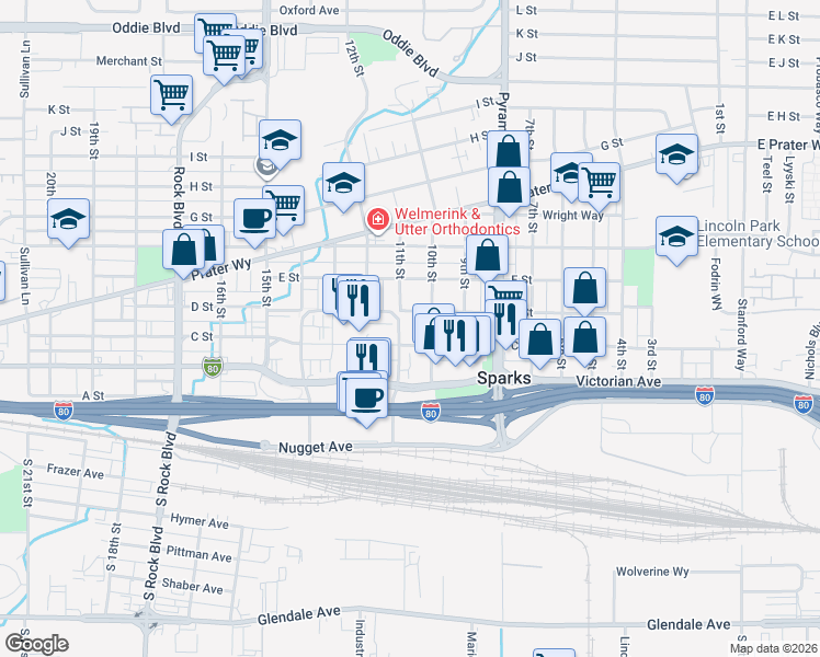 map of restaurants, bars, coffee shops, grocery stores, and more near 401 11th Street in Sparks