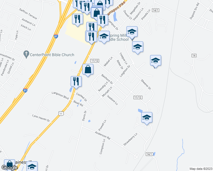 map of restaurants, bars, coffee shops, grocery stores, and more near 39 Kendig Lane in Martinsburg